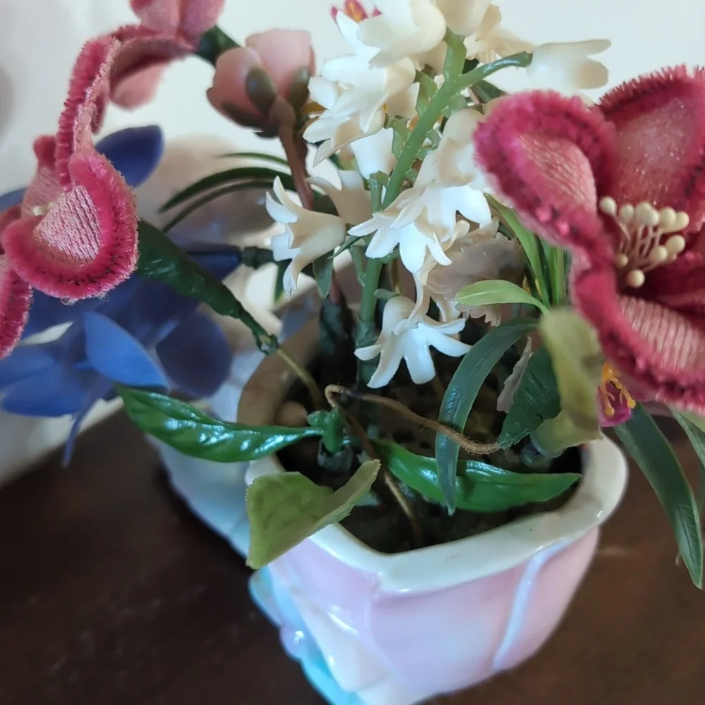 Charming Pastel Lamb Planter with Flowers Cottagecore Vintage Blue Pink Decor